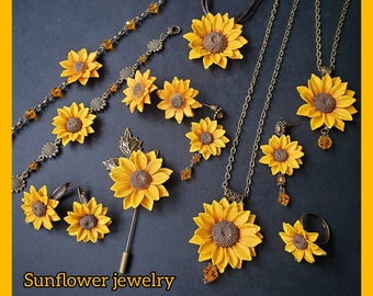 Bijoux tournesol en pâte polymère. Boucles d'oreilles tournesol, cadeau pour femme. Fleurs jaunes, bijoux de mariage. Collier tournesol, accessoire lumineux.