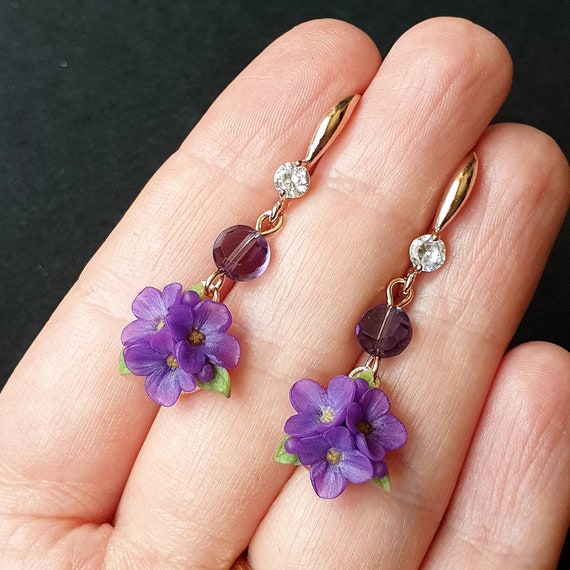Lilac Jewelry Set Polymer Clay. Purple Flowers Set Gift Idea for
