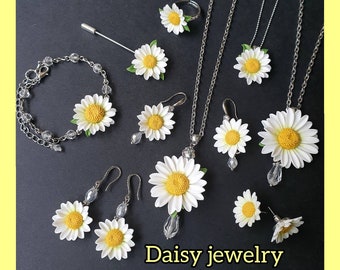 Polymer Clay Daisy Jewelry Set: Necklace, Earrings, Ring & More