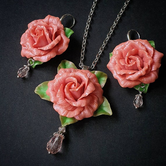 Teal with Pink Needlepoint Flowers Polymer Clay Necklace and Earrings Set