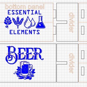 Puede incluir: Dise&ntilde;o de plano para una caja con tem&aacute;tica de cerveza, con texto y gr&aacute;ficos. El dise&ntilde;o incluye las palabras "HANDLE WITH CARE", "ESSENTIAL ELEMENTS" y "BEER". Los gr&aacute;ficos incluyen jarras de cerveza, l&uacute;pulo y otros iconos relacionados con la cerveza.