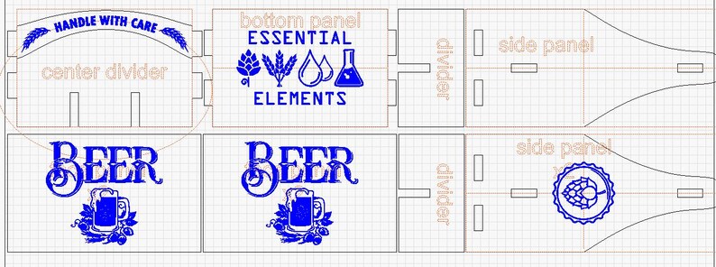 Puede incluir: Dise&ntilde;o de plano para una caja con tem&aacute;tica de cerveza, con texto y gr&aacute;ficos. El dise&ntilde;o incluye las palabras "HANDLE WITH CARE", "ESSENTIAL ELEMENTS" y "BEER". Los gr&aacute;ficos incluyen jarras de cerveza, l&uacute;pulo y otros iconos relacionados con la cerveza.