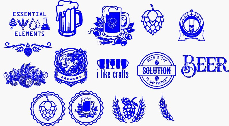 Puede incluir: Ilustraciones en azul de elementos relacionados con la cerveza. Incluye jarras de cerveza, l&uacute;pulo, un barril y texto que dice "Essential Elements", "Brewery", "i like crafts" y "Beer is the solution to any problem".