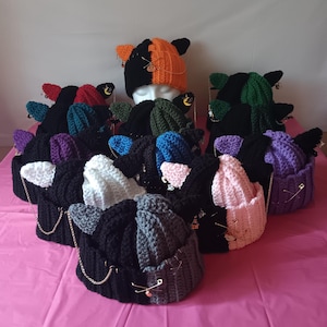Crocheted split cat beanies with spooky charms, gold chains and other accessories- Halloween, spooky, alt, goth, beanie, winter hat