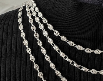 Sterling Sliver Coffee Bean Link Chain Necklace, 18" 20" 22" 24" Longueurs disponibles, 4,7 mm de large, Estampillé 925 Sterling Silver