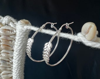 Sterling Silver Barley Leaf Hoop Earrings, Stamped 925 Sterling Silver