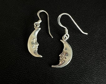 Sterling Silver Crescent Moon Dangle Drop Earrings, Stamped 925 Sterling Silver