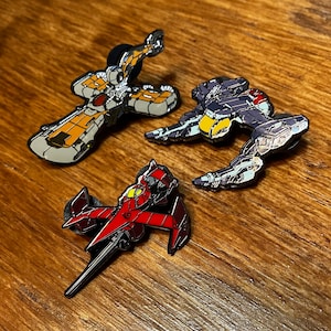 Set of Red Tail, Swordfish II, and Hammerhead spaceship enamel pins