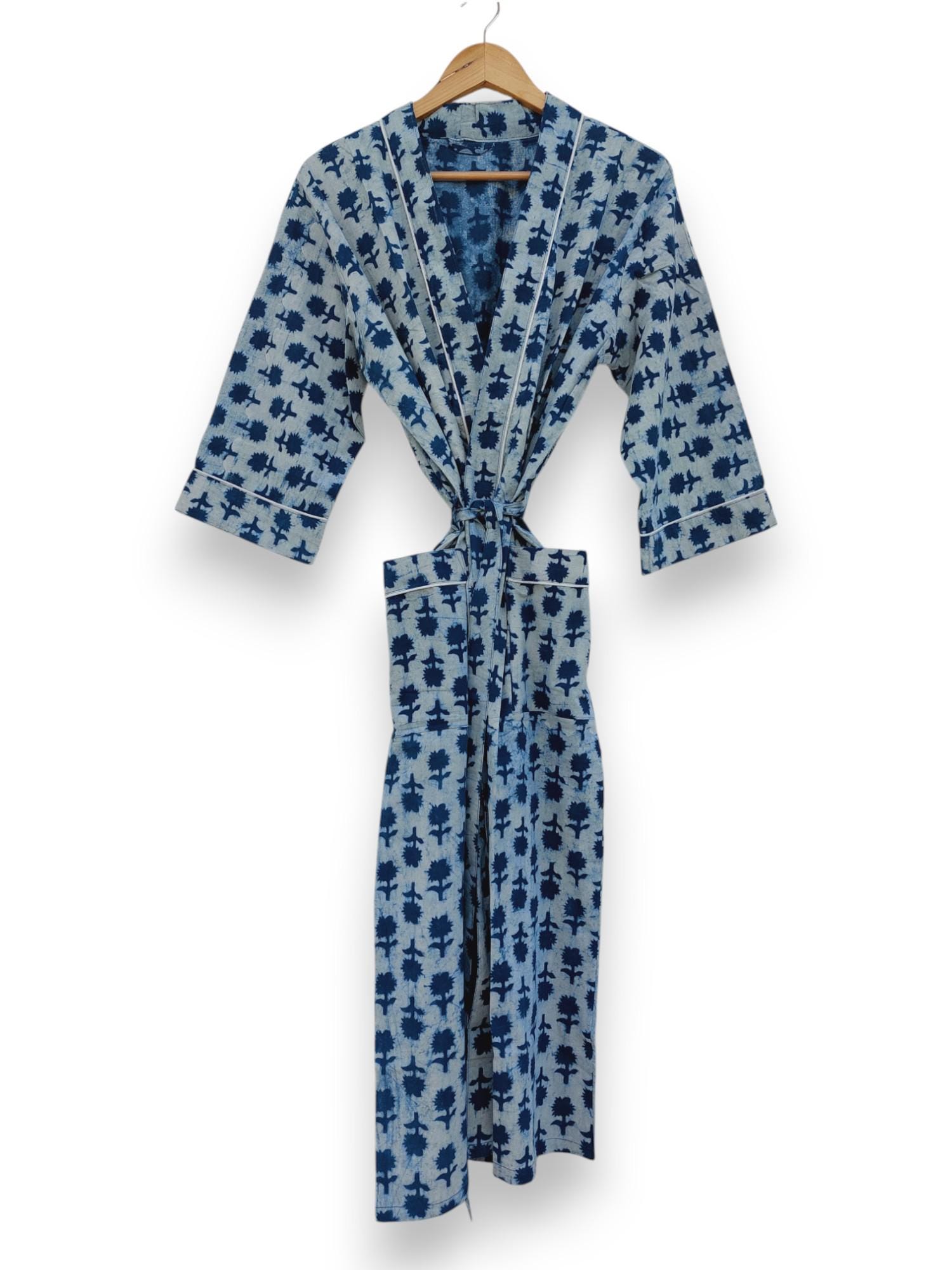 100% Cotton Kimono Robes Beautiful Cotton Blue Kimono Dress Indian Floral Cotton Kimono Bridesmaid Gifts For Her / Him Loungwear