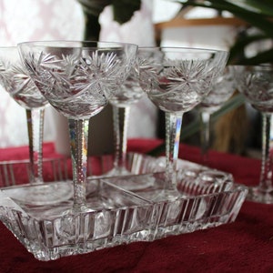 Vintage Cut Glass Pinwheel Crystal Set Of Six Glasses Plus Pinwheel Cut Glass Crystal Tray