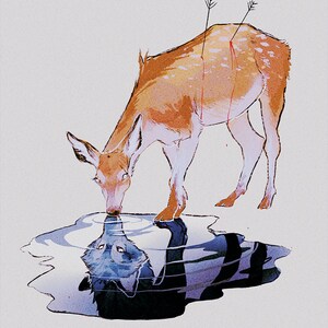 May include: An illustration of a deer drinking from a pool of water, with two arrows in its back. The deer is brown and white, and its reflection in the water shows a wolf. The artwork has a watercolor style.