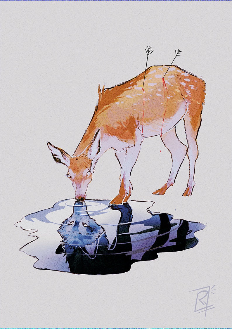 May include: An illustration of a deer drinking from a pool of water, with two arrows in its back. The deer is brown and white, and its reflection in the water shows a wolf. The artwork has a watercolor style.