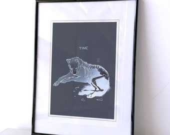 TIME, Print, Aesthetic, Wolf, Illustration,Sensitive, Tattoo, Dark