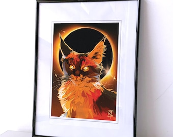 May include: A framed print of a stylized orange and brown cat with glowing yellow eyes, set against a black circle with a ring of light around it. The background is a dark blue with white stars.
