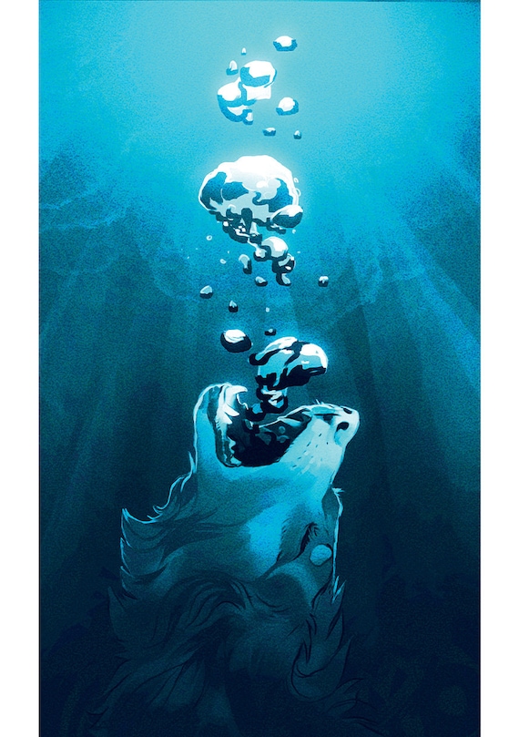 HOWLONELY , Print, Aesthetic, Wolf, Illustration, Ocean, Drowning