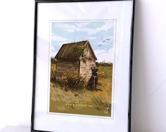 STILLHERE,  Print, Eerie, Dog, Landscape, Cottage, Animal, Illustration, Countryside