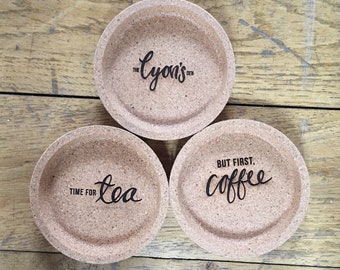 Set of 3 coasters - tea, coffee, logo