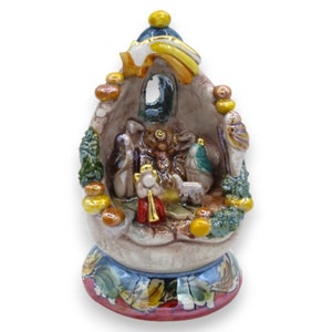 Nativity Scene Egg h 13 cm approx. Polychrome Mother of Pearl Enamel, Caltagirone ceramic, 24k Gold details