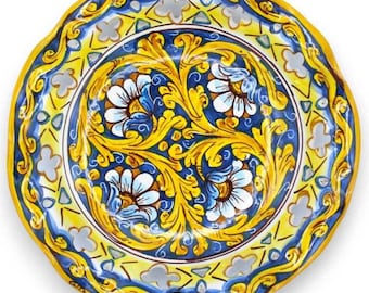 Scalloped openwork centerpiece in Caltagirone ceramic, 2 size options (1pc) baroque and floral decoration on a blue background