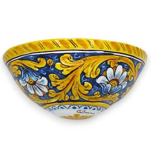 Caltagirone ceramic hamper, Baroque decoration and flowers on a blue background - 25 L x 11 h cm approx.