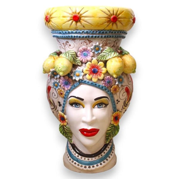 Caltagirone Moor's Head Pouf for Women - approx. 55 cm high. With lemon and flower applications and 17th century red decoration.