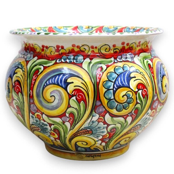 Cachepot Vase à plantes en céramique Caltagirone, avec 5 options de tailles (1pc) Décor baroque multicolore sur fond rouge