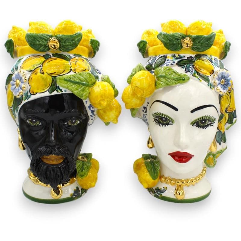 Sicilian Moorish Heads (1 Unit) h 30 cm approx. Caltagirone ceramic, pure gold enamel, decoration and applications of lemons