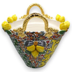Caltagirone ceramic basket, ELITE series - approx. 37 x 38 cm, Sicilian cart decoration and 24k gold enamel
