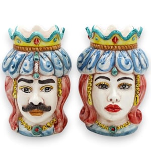 Sicilian Moorish heads (pair) with drape and crown, approx. 13/14 cm high, Caltagirone ceramic MD34
