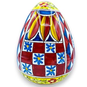 Caltagirone ceramic egg h 22 cm approx. Sicilian cart decoration with side bands and blue flowers