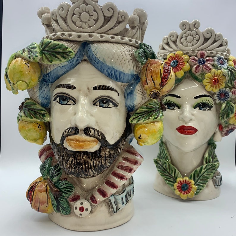 SICILIAN HEAD, Sicilian dark brown head in Caltagirone ceramic entirely modeled by hand H.30 L.20 handcrafted, 4 seasons line image 3