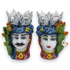 Pair of Moorish Heads in fine ceramic with Crown and Turban - approx. 16 cm high with MD3 prickly pear applications