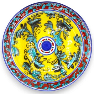Ornamental plate, Sicilian ceramic, Ø 45 cm approx. Selenium red, baroque decoration, on a yellow background