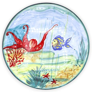 Ornamental plate in fine ceramic Ø 45 cm approx. seabed decoration with fish and octopus