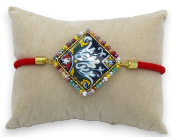 Bracelet with lava stone tile, fabric cord, L approx. 25 cm multicolored crystals, Steel clasp