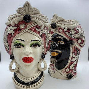 Sicilian Moorish heads in Caltagirone ceramics entirely hand-modelled H.29 L.19