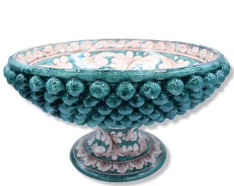 Caltagirone ceramic pine cone stand, verdigris and antique white Baroque decoration - Ø 38 cm, h 21 cm approx. Mod TD