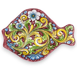 Fish Tray Serving Plate in Caltagirone Ceramic, L 40 x 30 cm approx. Multicoloured Baroque decoration, Bordeaux background