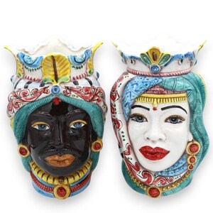 Teste di moro Siciliane Corona e Turbante (coppia) h 25 cm ca ceramica Caltagirone MD19