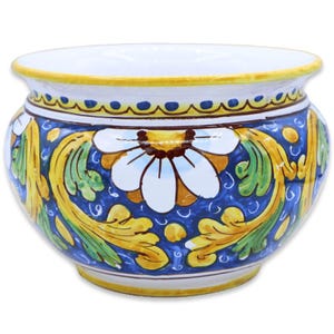 Maceta de cerámica Cachepot Caltagirone, decoración barroca y flor sobre fondo azul, con 5 opciones de tamaño (1 unidad).