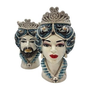 Cabeza de moro siciliano, cerámica de Caltagirone, aprox. 30 cm de altura (1 unidad), opción Hombre o Mujer, modelo normando, color azul y siglo XVII.