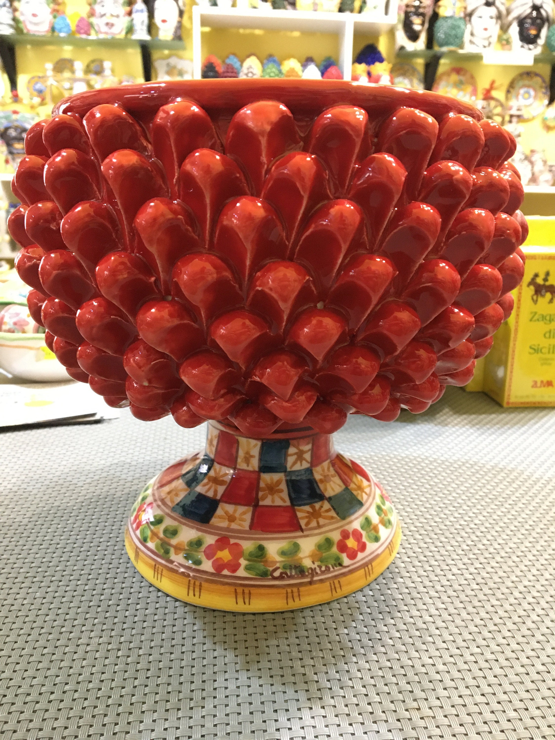 Mezza Pigna In Ceramica Siciliana Caltagirone - Portavaso O Svuotatasche, Colore Rosso - Foto 8