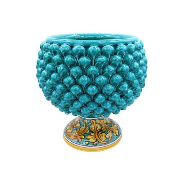 Caltagirone Half Pinecone Vase, Verderame color and decorated stem, Maximum dimensions Ø 23 x h23 cm approx Mod TD