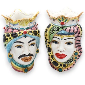 Pair of Caltagirone ceramic Moor&#39;s heads, approx. 24/25 cm high, crown, multicoloured turban and polka dot decoration