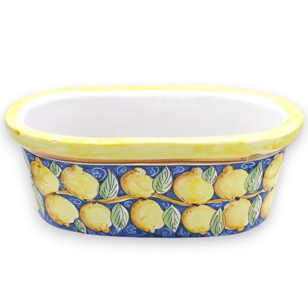 Vase boîte ovale en céramique de Caltagirone - L 40 x 22 x 17 cm env. décoration citron sur fond bleu