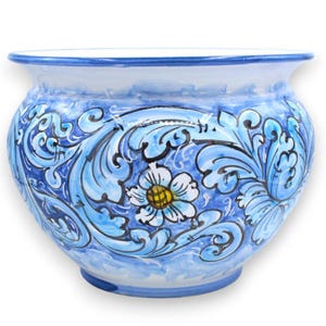 Cachepot kruka, siciliansk keramik, 5 storlekar (1 enhet) Barock och blommor på blå och turkos bakgrund