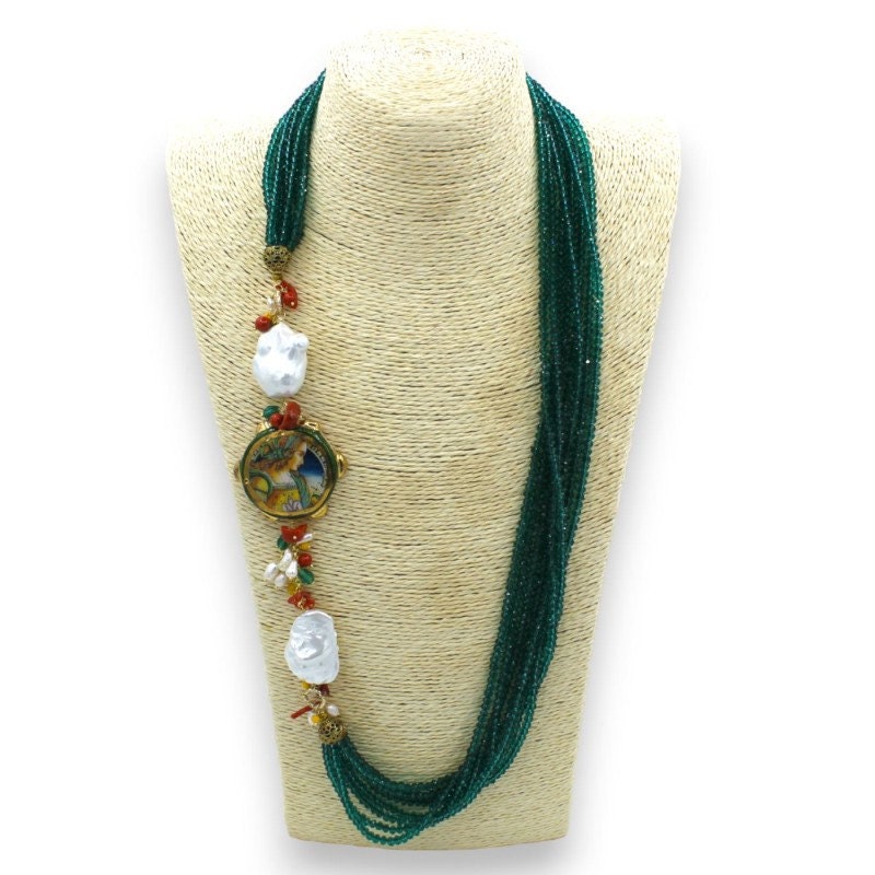 Collana con nappe ovali e rotonde in ceramica, con cordoncino di seta marrone, 70 – 80 cm, regolabile