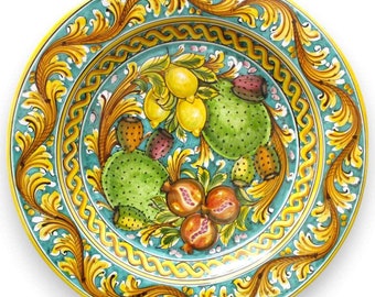 Ornamental brim plate, Caltagirone ceramic Ø approx. 55 cm, baroque and fruit decoration, verdigris background