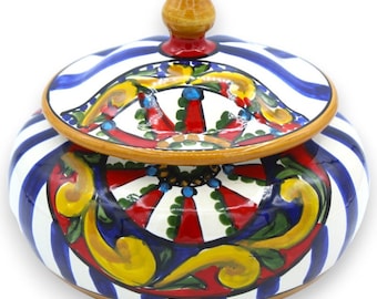 Caltagirone Ceramic Biscuit Jar or Jewelery Box - Ø 16 x h 14 cm approx Sicilian and Baroque Cart decoration