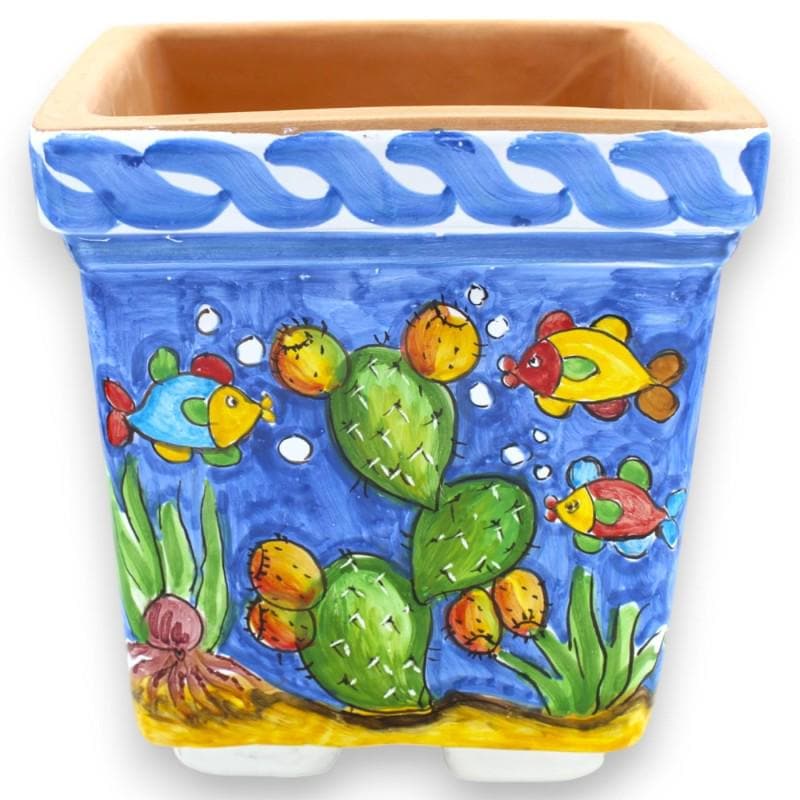 仁和窯花瓶 四角い花瓶箱、シチリアの高級陶器製 - 高さ約22 x 20 cm。編み込み